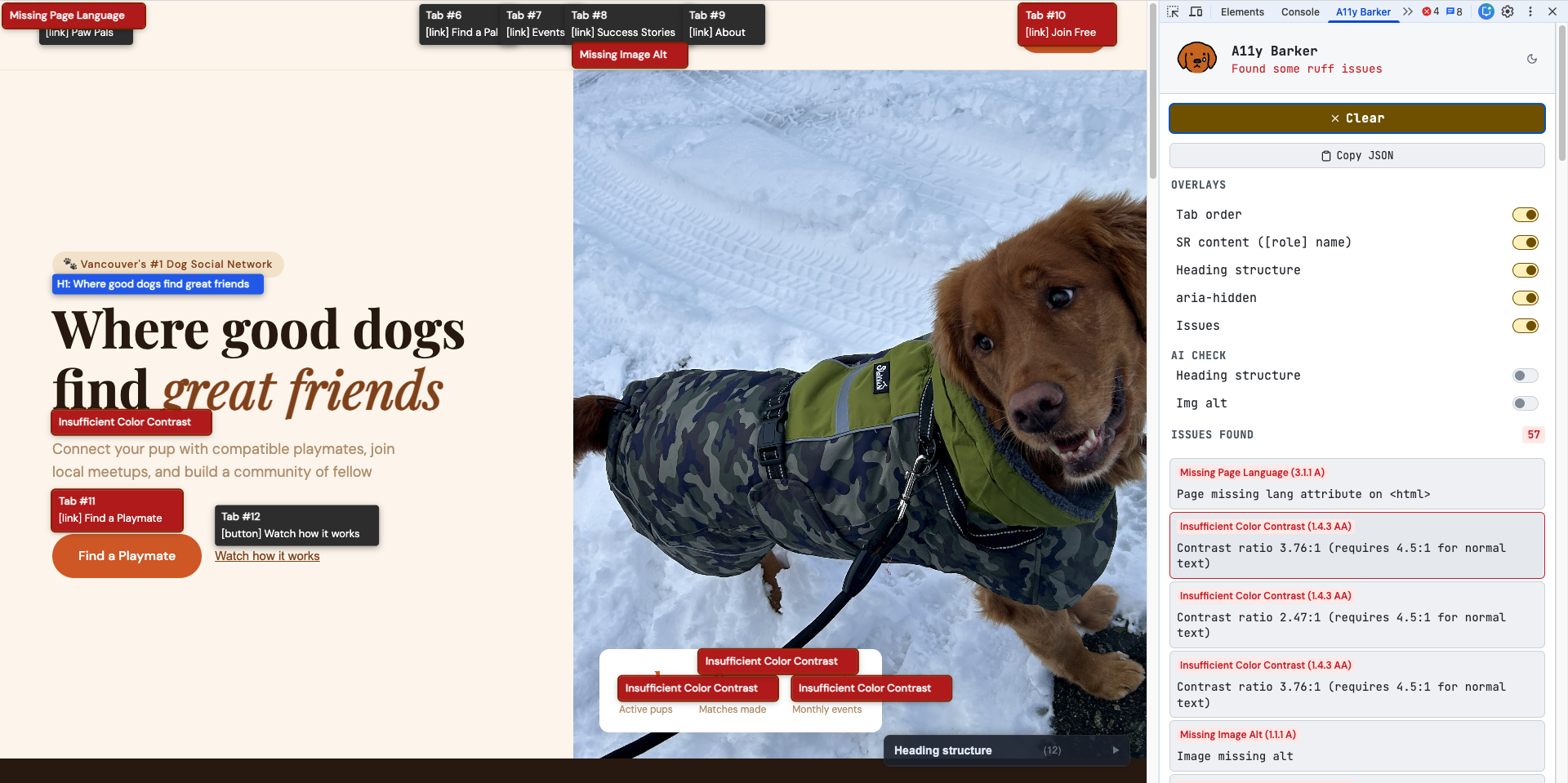 A11y Barker DevTools panel scanning a page, listing accessibility issues such as missing alt text and color contrast.
